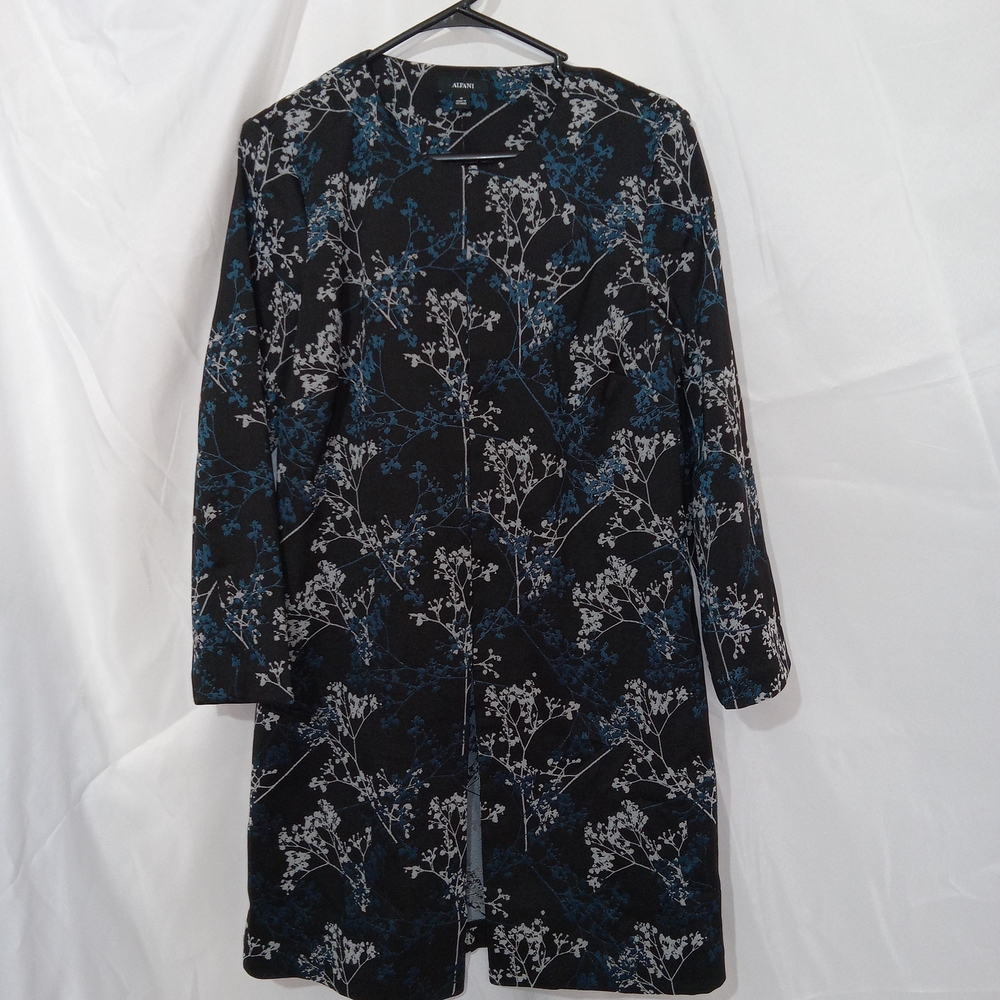 Alfani Medium Floral Longline Duster Jacket Black Blue Open Front NWT